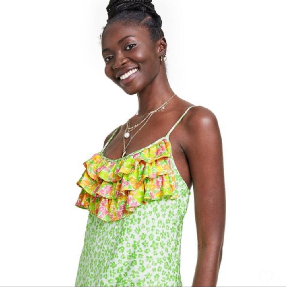 Rixo for Target Leopard Green Ruffle Slip Dress-S - Picture 3 of 6